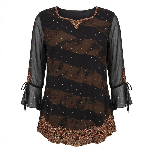 Unbranded Tops - Vtg Beaded Sequined Sheer‎ Tunic Top XL Black Split Tie Sleeves Dark Whimsygoth